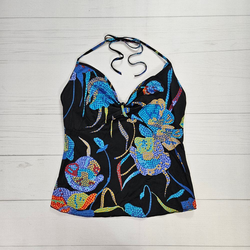 Euro Halter Top Black Mosaic Floral Print Slinky Cami - Size Small